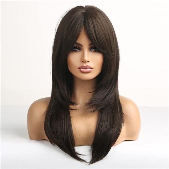 Black Brown Wig with Bangs long Straight Layered Natural Hair Wigs for Women